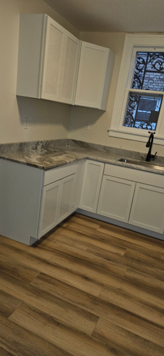 kitchen featuring white cabinetry, dark wood-type flooring, and sink