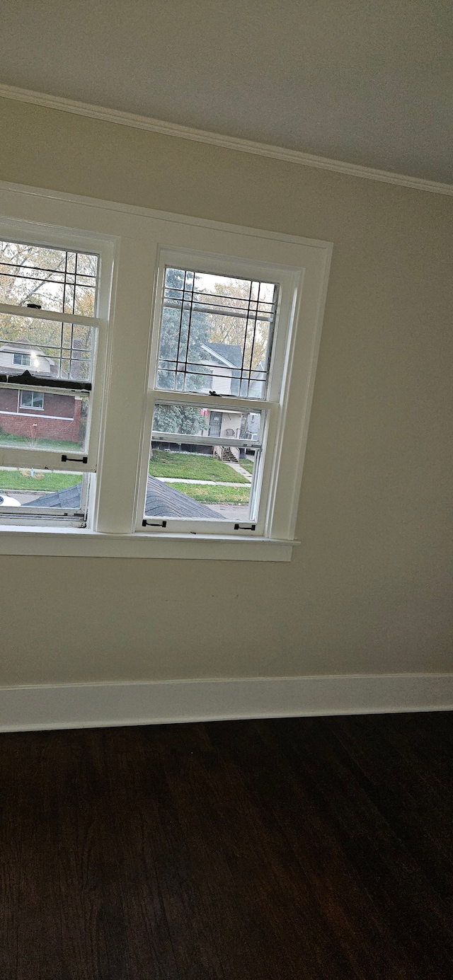 empty room featuring ornamental molding, a healthy amount of sunlight, and wood-type flooring