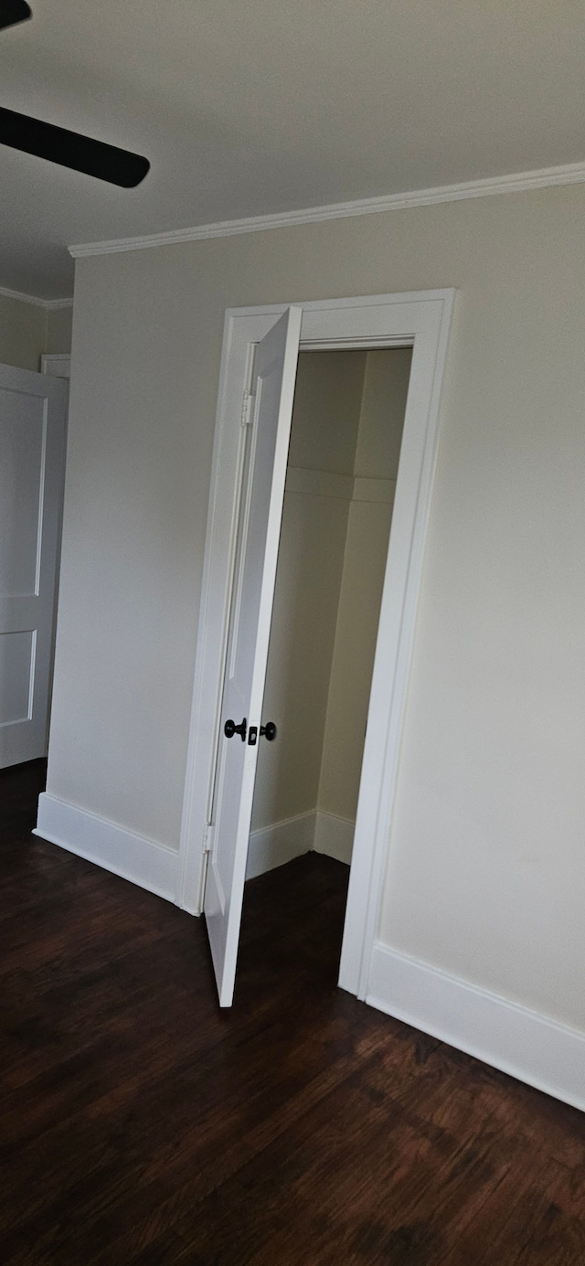 interior space featuring a closet, dark hardwood / wood-style floors, ceiling fan, and ornamental molding