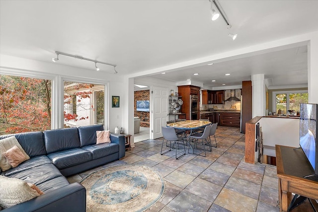 living room with recessed lighting and track lighting