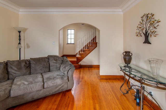 living room featuring crown molding and hardwood / wood-style flooring