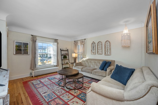 living room featuring hardwood / wood-style flooring and radiator