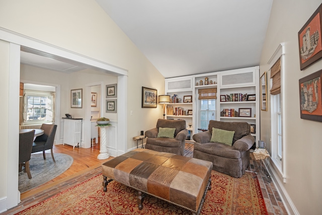 living room featuring hardwood / wood-style flooring, radiator, and lofted ceiling