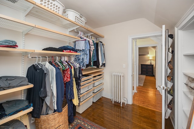 walk in closet featuring dark hardwood / wood-style floors, lofted ceiling, and radiator