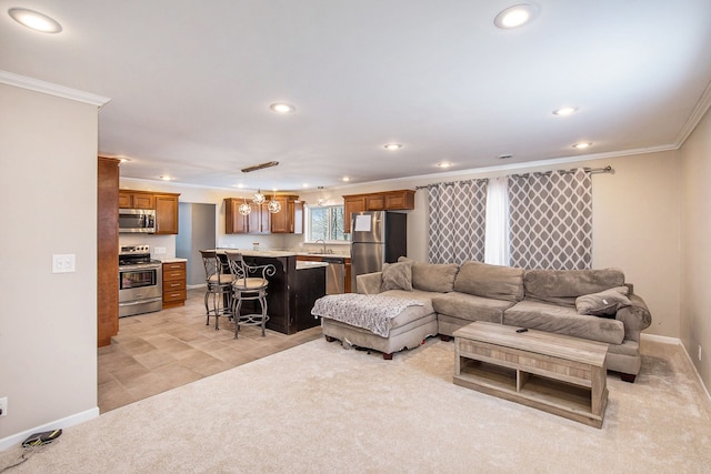 carpeted living room with sink and ornamental molding