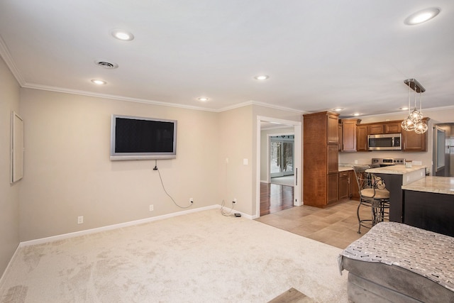 carpeted living room featuring ornamental molding