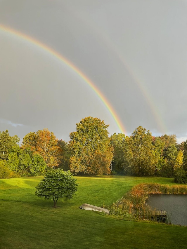 view of property's community featuring a lawn and a water view