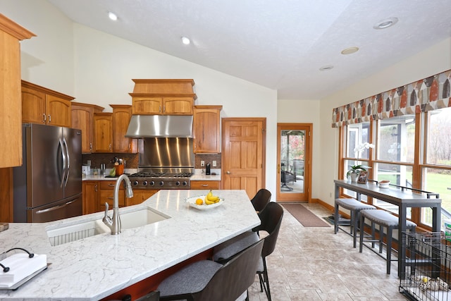 kitchen featuring sink, stainless steel appliances, extractor fan, vaulted ceiling, and decorative backsplash