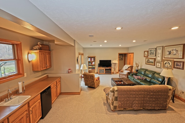 carpeted living room with a textured ceiling and indoor wet bar