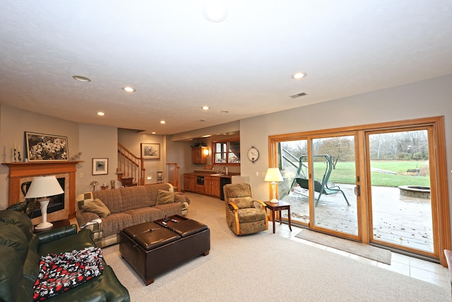 living room with light colored carpet