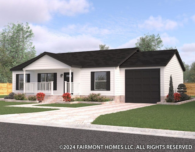 single story home featuring covered porch, a front yard, and a garage