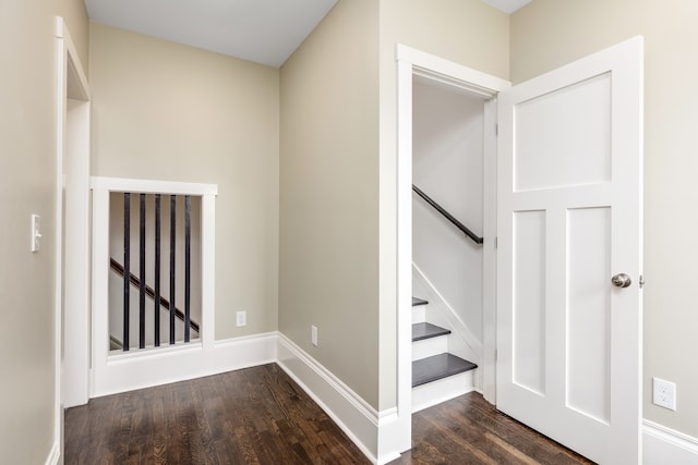 staircase with hardwood / wood-style floors