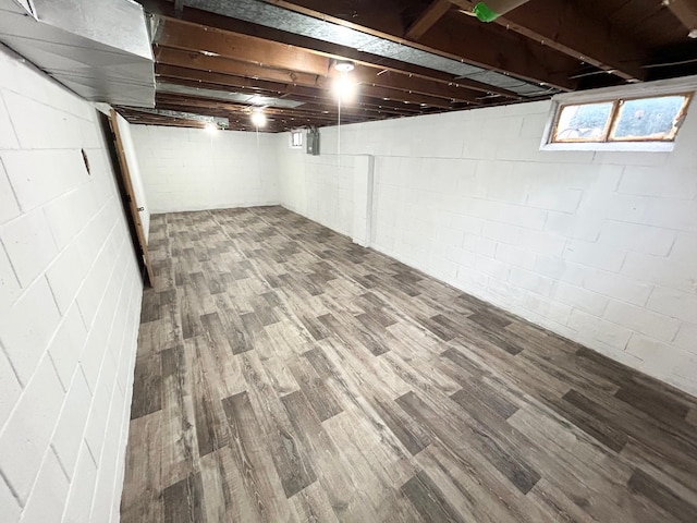 basement with wood-type flooring