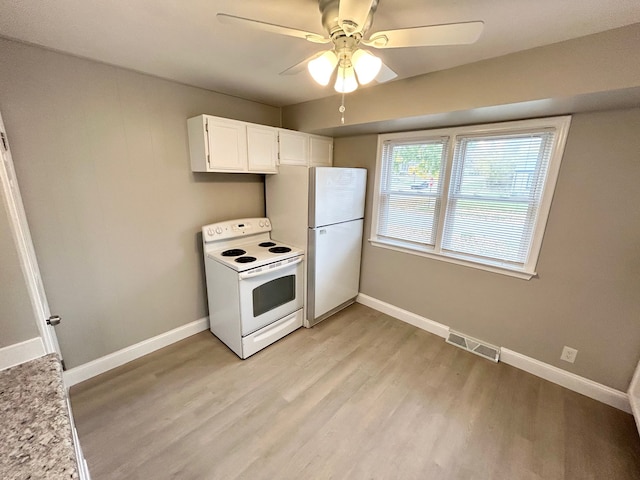 kitchen featuring white cabinetry, ceiling fan, light hardwood / wood-style floors, and white appliances