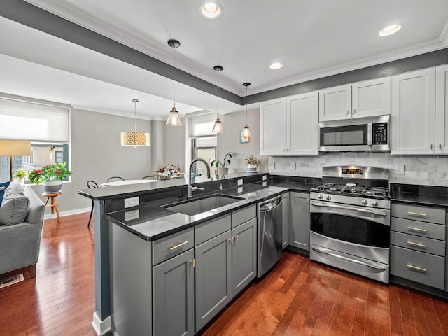 kitchen with white cabinetry, sink, stainless steel appliances, dark hardwood / wood-style floors, and kitchen peninsula