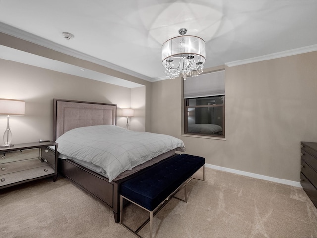 bedroom featuring light carpet, a chandelier, and crown molding