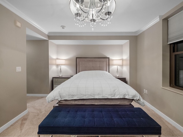 bedroom featuring a chandelier, light colored carpet, and crown molding