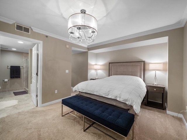 bedroom with light colored carpet, ornamental molding, connected bathroom, and an inviting chandelier