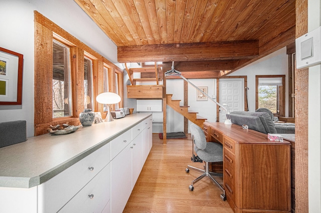 home office featuring beam ceiling, light wood-type flooring, and wood ceiling