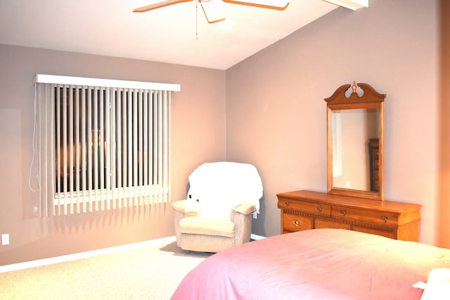 bedroom featuring carpet, ceiling fan, and lofted ceiling