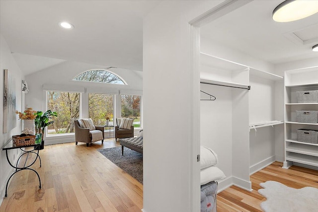 walk in closet with light hardwood / wood-style floors