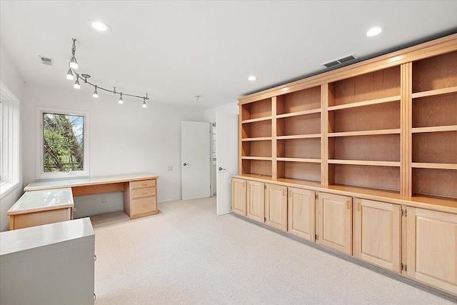 unfurnished office featuring light colored carpet and built in desk