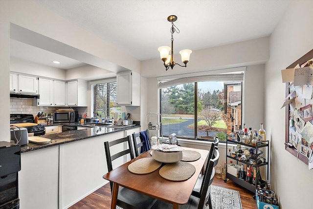 dining area featuring dark hardwood / wood-style flooring, a chandelier, and sink