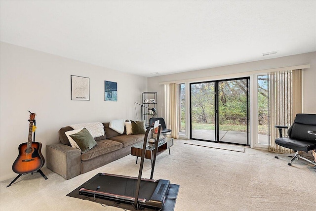 living room with light colored carpet