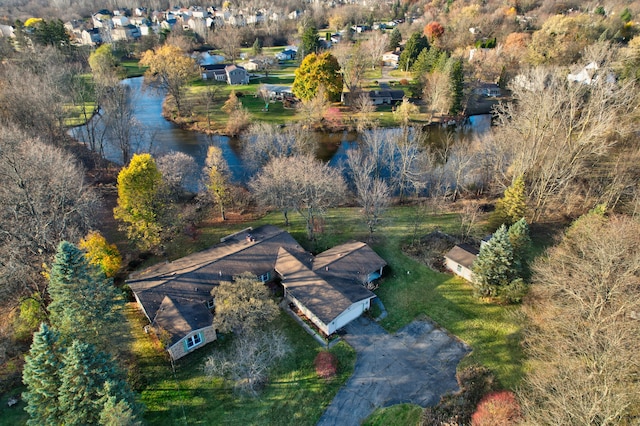 drone / aerial view featuring a water view