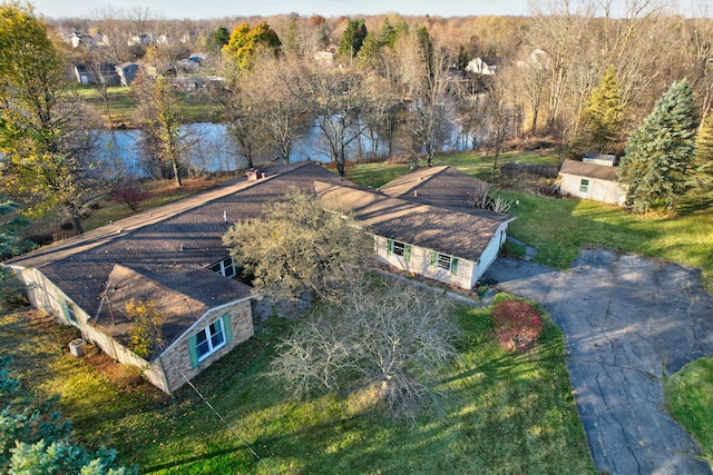 drone / aerial view featuring a water view