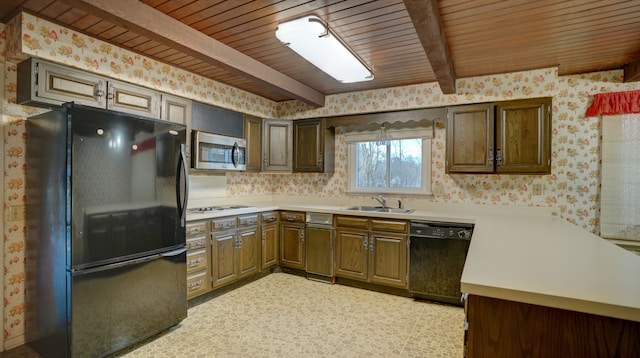 kitchen with black appliances, sink, beam ceiling, kitchen peninsula, and wood ceiling