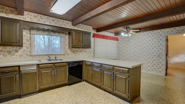 kitchen featuring sink, ceiling fan, black dishwasher, beamed ceiling, and wood ceiling