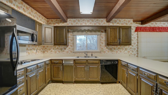 kitchen with black appliances, beam ceiling, wooden ceiling, and sink