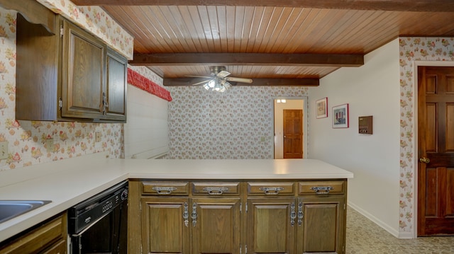 kitchen featuring beam ceiling, ceiling fan, black dishwasher, kitchen peninsula, and wood ceiling