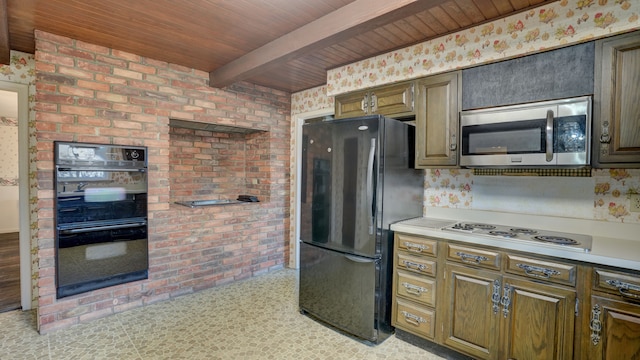 kitchen with beam ceiling, wooden ceiling, and black appliances