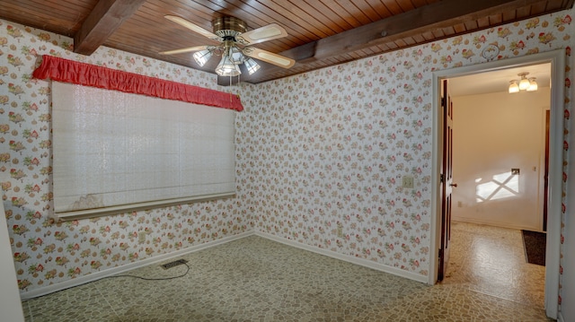 unfurnished room featuring beam ceiling, wooden ceiling, and ceiling fan with notable chandelier