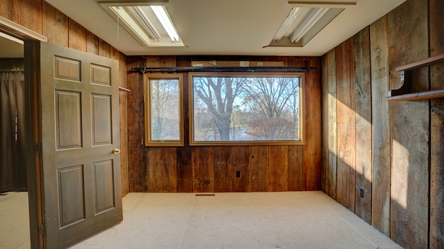 interior space featuring carpet flooring and wooden walls