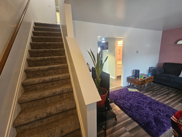 stairway with hardwood / wood-style flooring