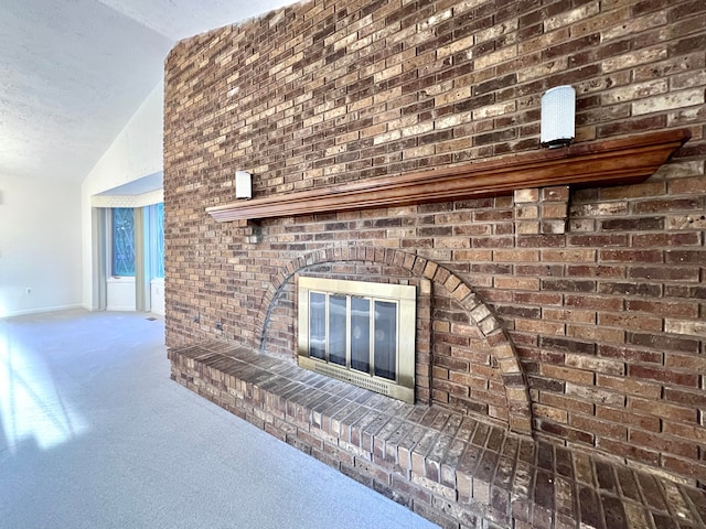 details with carpet floors and a brick fireplace