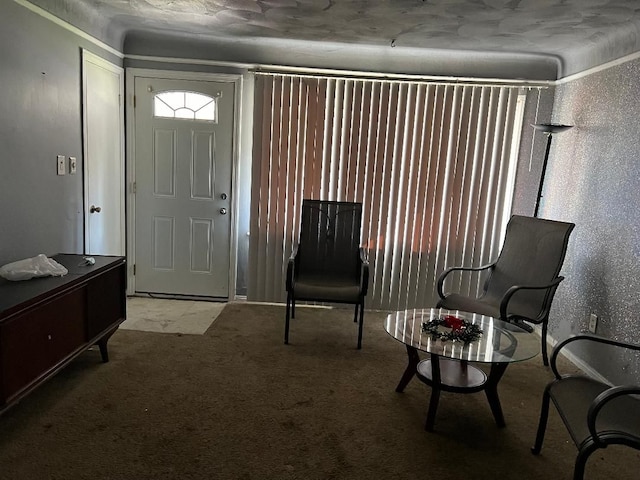 living area with light colored carpet