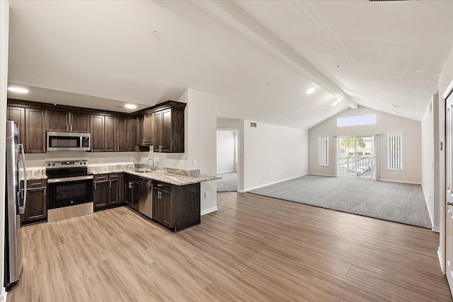 kitchen featuring sink, light hardwood / wood-style flooring, vaulted ceiling with beams, dark brown cabinetry, and stainless steel appliances