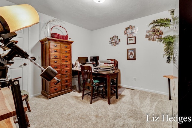 home office featuring light colored carpet