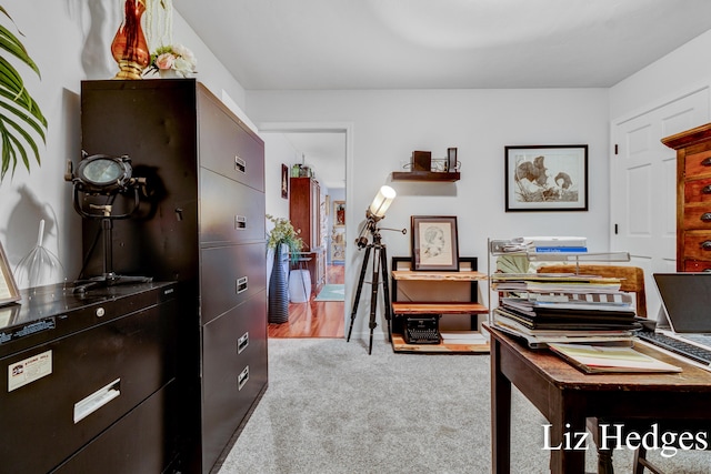 home office with light carpet