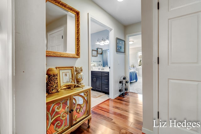 hall featuring light hardwood / wood-style flooring and sink