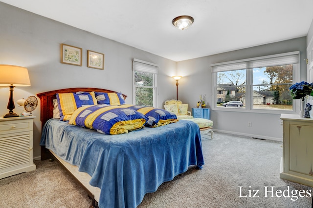 bedroom featuring multiple windows and light colored carpet