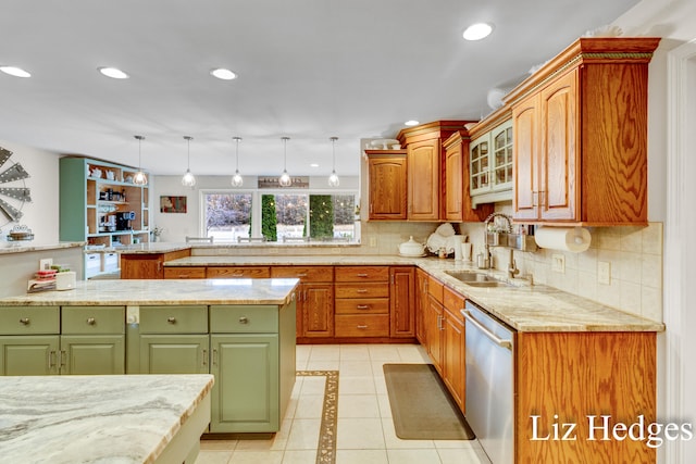 kitchen with dishwasher, a center island, sink, decorative light fixtures, and light tile patterned floors