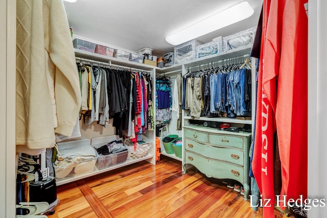 walk in closet with hardwood / wood-style floors