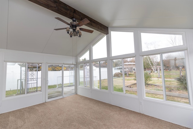 unfurnished sunroom with lofted ceiling with beams, a water view, and ceiling fan