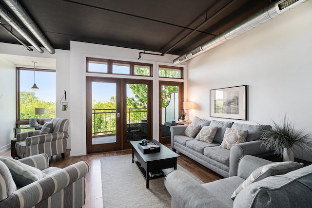 living room featuring french doors and hardwood / wood-style flooring