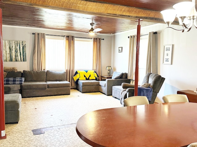 living room with carpet, wooden ceiling, and ceiling fan with notable chandelier